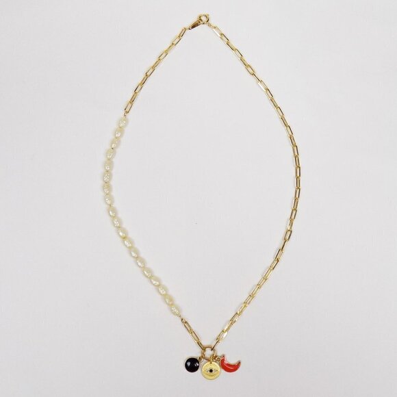 new in box! charm necklace pearl paperclip link toggle CZ stone moon - Picture 6 of 7